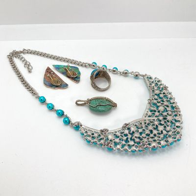LOT 530: Turquoise Themed Jewelry - Wire Wrapped Pendant, Statement Necklace, Ring and Abalone Earrings