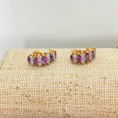LOT 32: Gold Tone and Purple Stone Jewelry Set - Necklace 18", Ring, Bracelet and Two Pairs of Earrings