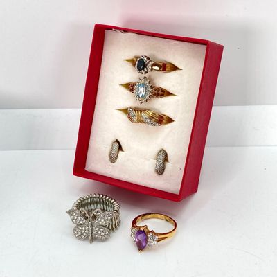 LOT 39: Large Collection of Assorted Jewelry - Sterling Earrings TW 7.3g, Napier Earrings, Fashion Rings and Pins