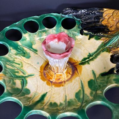 LOT 82: Vintage Mid-Century Majolica Style Ceramic Rooster Egg Holder Serving Platter