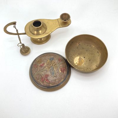 LOT 523: Vintage Brass Collection - Leonard Silver Mfg Co. Hour Glass, Lantern and Lidded Trinket Bowl India
