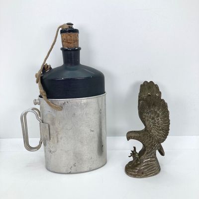 LOT 524: Vintage Military Collection - Survival Kit Plastic Rations Flask, Canteen, Pewter Eagle Figurine and More