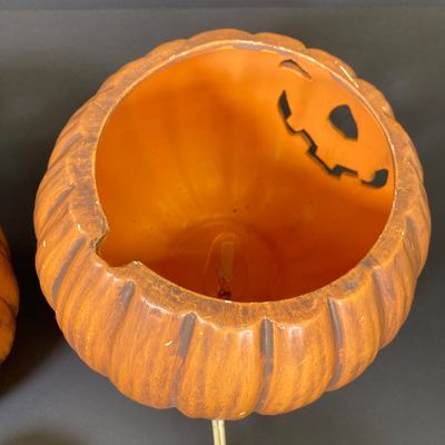 LOT 29: Vintage Holiday Decor - Napcoware Japan Figurines, Lefton Choir Boy Figurines, Ceramic Pumpkin and Pair of Lighted Pumpkins