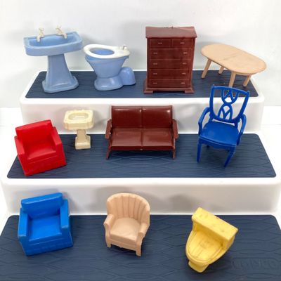 LOT 86: Vintage Collection - Doll House Furniture, 3 Blind Mice Patience Puzzle, Pins and More in Storage Box