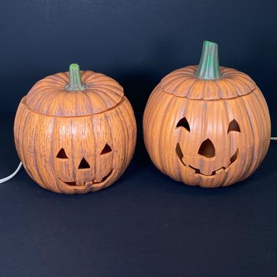 LOT 29: Vintage Holiday Decor - Napcoware Japan Figurines, Lefton Choir Boy Figurines, Ceramic Pumpkin and Pair of Lighted Pumpkins