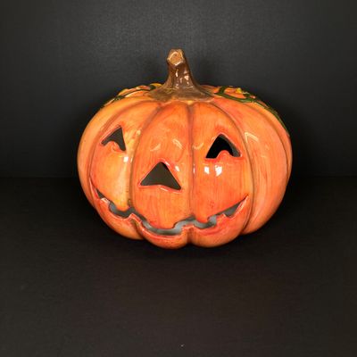 LOT 29: Vintage Holiday Decor - Napcoware Japan Figurines, Lefton Choir Boy Figurines, Ceramic Pumpkin and Pair of Lighted Pumpkins
