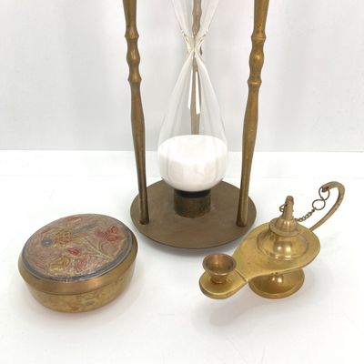 LOT 523: Vintage Brass Collection - Leonard Silver Mfg Co. Hour Glass, Lantern and Lidded Trinket Bowl India