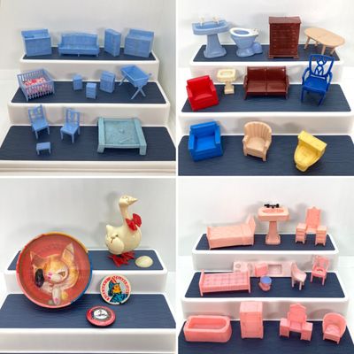 LOT 86: Vintage Collection - Doll House Furniture, 3 Blind Mice Patience Puzzle, Pins and More in Storage Box