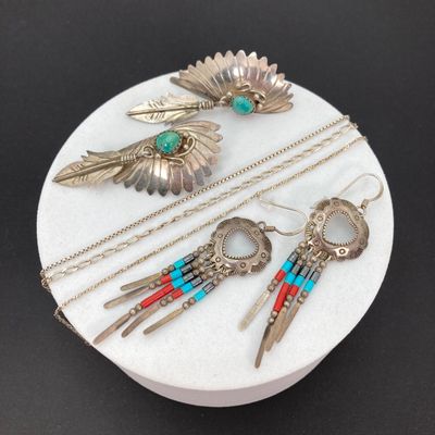 LOT 49: Sterling Silver Jewelry - Turquoise Earrings 13.5 GTW and Three Bracelets TW 3.5g, 7.5"