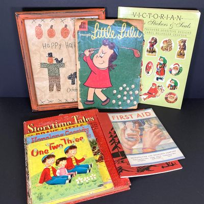 LOT 44: Vintage Books, Stickers, Ephemera and Antique Framed Halloween Wall Decor