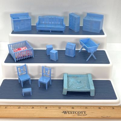 LOT 86: Vintage Collection - Doll House Furniture, 3 Blind Mice Patience Puzzle, Pins and More in Storage Box