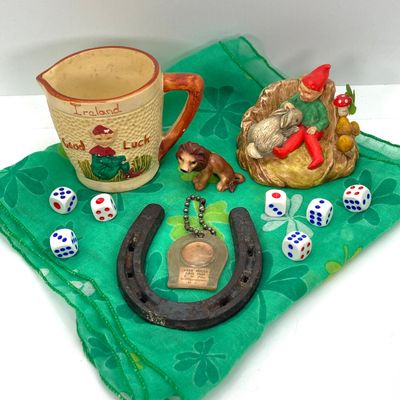 LOT 533: Vintage Collection - Ireland Good Luck Small Pitcher, Made in England Annco Craft Gnome and Rabbit, Pony Shoe, Penny Keychain,...