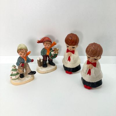 LOT 29: Vintage Holiday Decor - Napcoware Japan Figurines, Lefton Choir Boy Figurines, Ceramic Pumpkin and Pair of Lighted Pumpkins