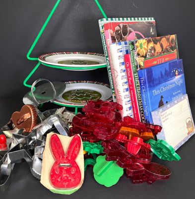 LOT 43: Holiday Collection - Two Tier Serving Stand, Metal and Plastic Cookie Cutters, Cook Books and More