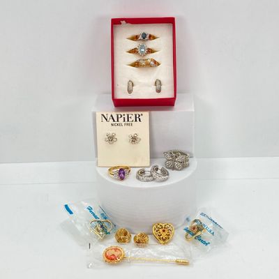 LOT 39: Large Collection of Assorted Jewelry - Sterling Earrings TW 7.3g, Napier Earrings, Fashion Rings and Pins