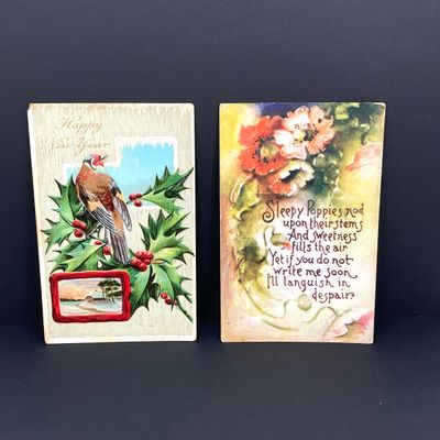 LOT 526: Vintage Collection - Large Made in Japan Knee Hugger / Elf, Post Cards and Sonoma Snowy Lodge / Cabin Coin Bank
