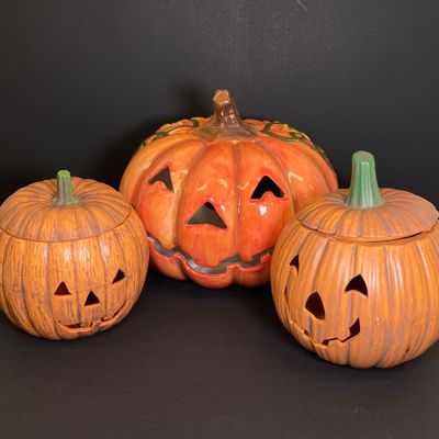 LOT 29: Vintage Holiday Decor - Napcoware Japan Figurines, Lefton Choir Boy Figurines, Ceramic Pumpkin and Pair of Lighted Pumpkins