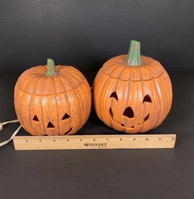 LOT 29: Vintage Holiday Decor - Napcoware Japan Figurines, Lefton Choir Boy Figurines, Ceramic Pumpkin and Pair of Lighted Pumpkins