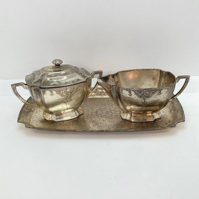 LOT 36: Vintage Made in Occupied Japan Silver Plated and More Collection - Cream / Sugar Bowls with Tray and Assorted Utensils