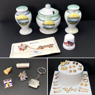 LOT 518: Gold Tone Pierced Earrings, Souvenirs (Niagra Falls), Assorted Pins and More
