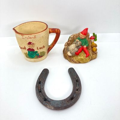 LOT 533: Vintage Collection - Ireland Good Luck Small Pitcher, Made in England Annco Craft Gnome and Rabbit, Pony Shoe, Penny Keychain,...