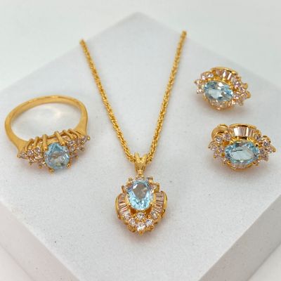 LOT 34: Gold Tone and Light Blue Stone Jewelry - Necklace 18" Chain, Ring, Watch, Earrings and Bracelet