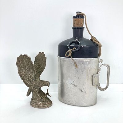 LOT 524: Vintage Military Collection - Survival Kit Plastic Rations Flask, Canteen, Pewter Eagle Figurine and More
