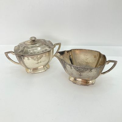 LOT 36: Vintage Made in Occupied Japan Silver Plated and More Collection - Cream / Sugar Bowls with Tray and Assorted Utensils