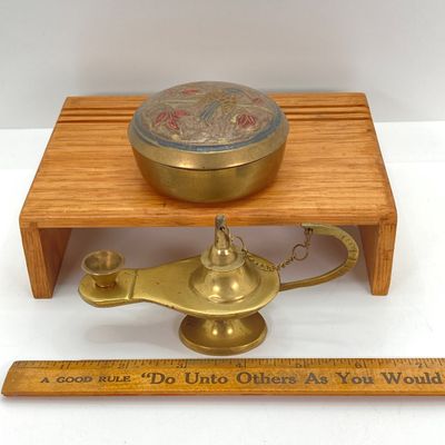 LOT 523: Vintage Brass Collection - Leonard Silver Mfg Co. Hour Glass, Lantern and Lidded Trinket Bowl India