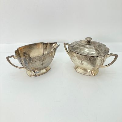 LOT 36: Vintage Made in Occupied Japan Silver Plated and More Collection - Cream / Sugar Bowls with Tray and Assorted Utensils