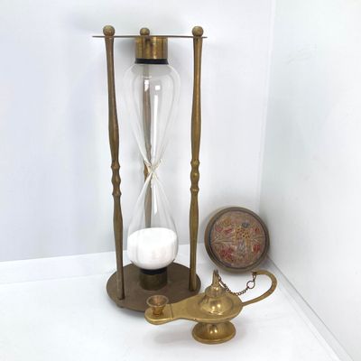 LOT 523: Vintage Brass Collection - Leonard Silver Mfg Co. Hour Glass, Lantern and Lidded Trinket Bowl India