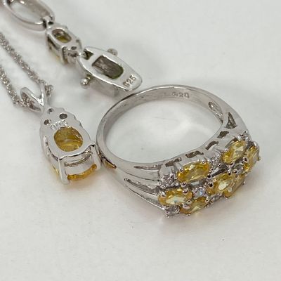 LOT 41: Sterling Silver Jewelry - Yellow Stone Necklace, Ring and Bracelet Set 18.5 GTW with Blue Stone Bezel Watch with 925 Accents on Band