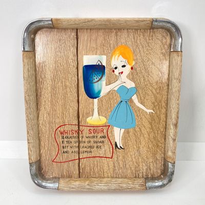 LOT 87: Vintage Bar Collection - Small Whiskey Sour Tray, Flask and Bottle Stoppers