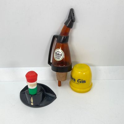 LOT 87: Vintage Bar Collection - Small Whiskey Sour Tray, Flask and Bottle Stoppers