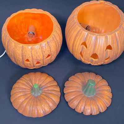 LOT 29: Vintage Holiday Decor - Napcoware Japan Figurines, Lefton Choir Boy Figurines, Ceramic Pumpkin and Pair of Lighted Pumpkins