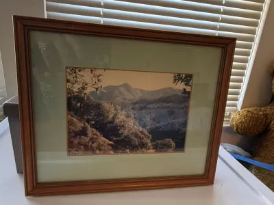 Sale Photo Thumbnail #376: Framed mountain landscape print housed in a light green double mat and a molded wooden frame.