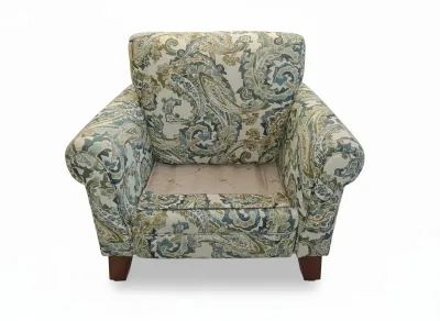 Sale Photo Thumbnail #8: La-Z-Boy armchair upholstered in a green and tan paisley pattern, missing its seat cushion.