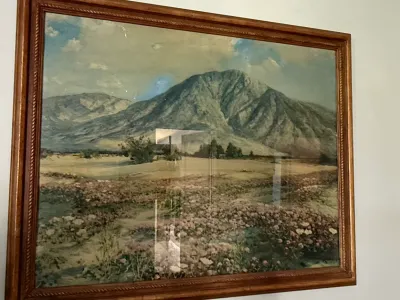 Sale Photo Thumbnail #311: Framed landscape art print depicting a desert scene with mountains and wildflowers, housed in a molded wooden frame.
