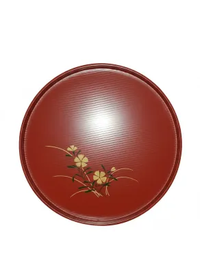 Sale Photo Thumbnail #40: Round Japanese red lacquer serving tray decorated with gold and green hand-painted floral motifs.