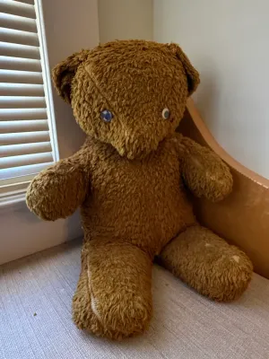 Sale Photo Thumbnail #378: Vintage brown plush teddy bear featuring mismatched plastic eyes and a well-loved textured fur finish.