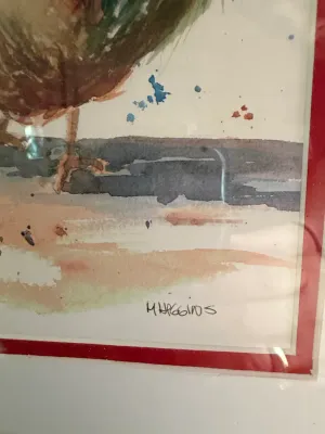 Sale Photo Thumbnail #223: Framed watercolor painting depicting a bird, signed "M Higgins" in the lower right corner, set within a double mat and frame under glass.
