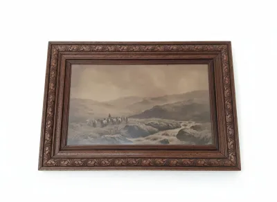 Sale Photo Thumbnail #18: Antique framed monochrome landscape print depicting a shepherd and flock of sheep, set in an ornate carved oak frame.