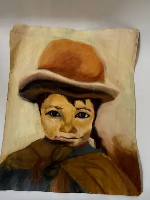 Sale Photo Thumbnail #310: Unframed vintage portrait painting on canvas depicting a young boy in a wide-brimmed hat, featuring earth-toned colors and raw edges.