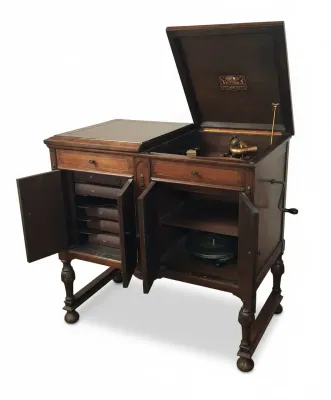 Sale Photo Thumbnail #12: Antique Victor Victrola VV-215 floor console phonograph in a dark wood cabinet, featuring a hand-crank mechanism, lift-top player compartment, and lower storage drawers.