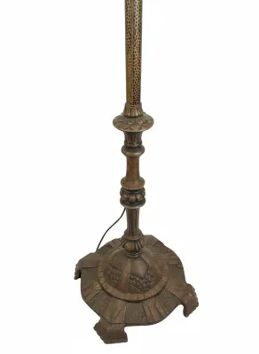 Sale Photo Thumbnail #2: Antique Art Deco cast metal floor lamp base featuring intricate embossed geometric and floral details with an aged bronze finish.