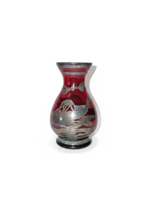 Sale Photo Thumbnail #56: Vintage ruby stain glass vase featuring a silver overlay landscape motif with tarnish and silver loss.