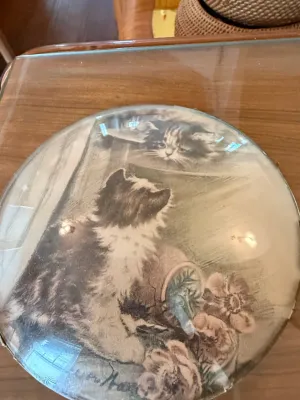Sale Photo Thumbnail #282: Vintage round glass paperweight or vanity box lid featuring a black-and-white print of kittens and flowers.