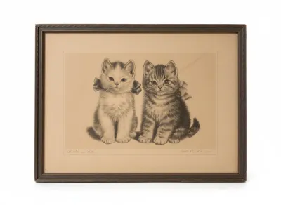 Sale Photo Thumbnail #305: Framed vintage lithograph titled 'Brother and Sister' depicting two kittens wearing bows, set in a simple dark wooden frame with double matting.