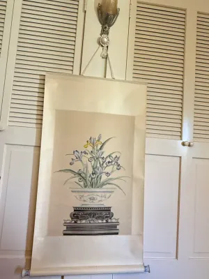 Sale Photo Thumbnail #371: Traditional Asian hanging scroll print featuring potted irises resting on a decorative stand.
