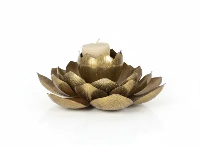 Sale Photo Thumbnail #19: Vintage brass lotus flower candle holder with etched petal details and an included small pillar candle.